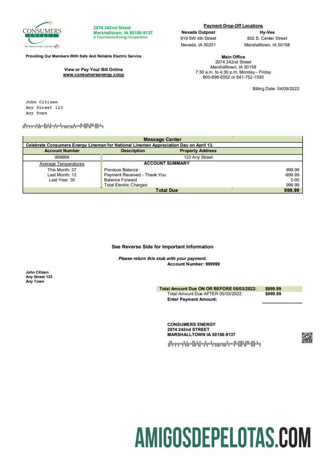 imprimível Modelo de conta de serviços públicos de energia para consumidores dos EUA em formato Word e PDF